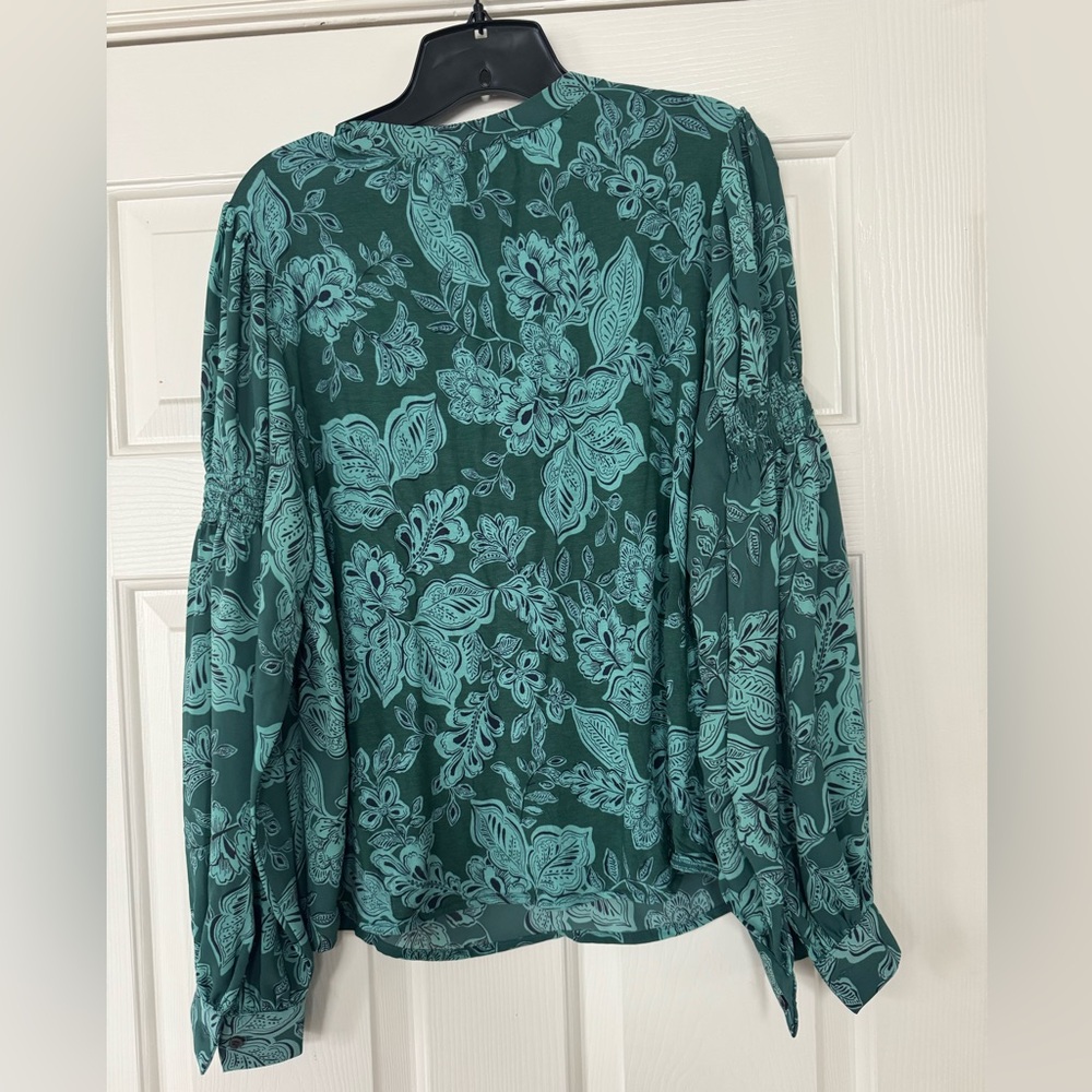 LOFT Teal Floral v-neck  long sleeved Blouse women’s large - Picture 2 of 3